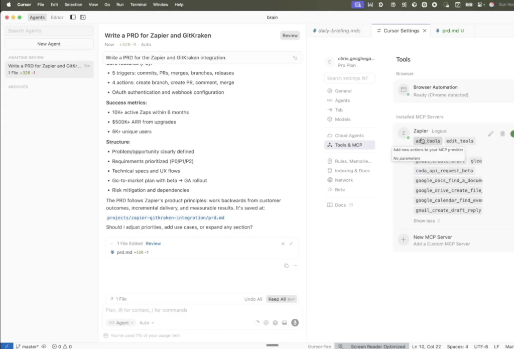 Screenshot of an AI workspace generating a product requirements document (PRD) for a Zapier and GitKraken integration, with structured success metrics and project details.
